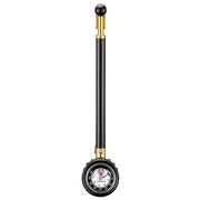 Black bicycle pump with analog pressure gauge and gold accents