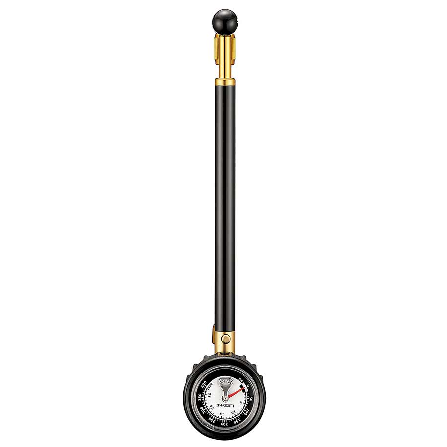 Black bicycle pump with analog pressure gauge and gold accents