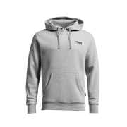 Heather grey pullover hoodie with adjustable drawstring hood and kangaroo pocket