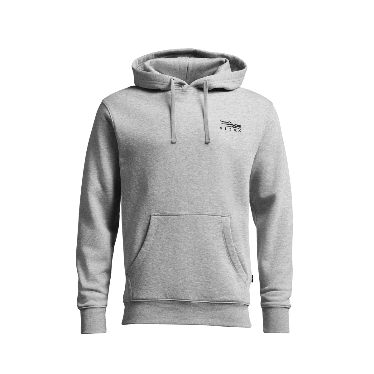 Heather gray pullover hoodie with attached hood, drawstring, and kangaroo pocket