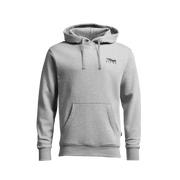 Light grey pullover hoodie, front view with hood and kangaroo pocket