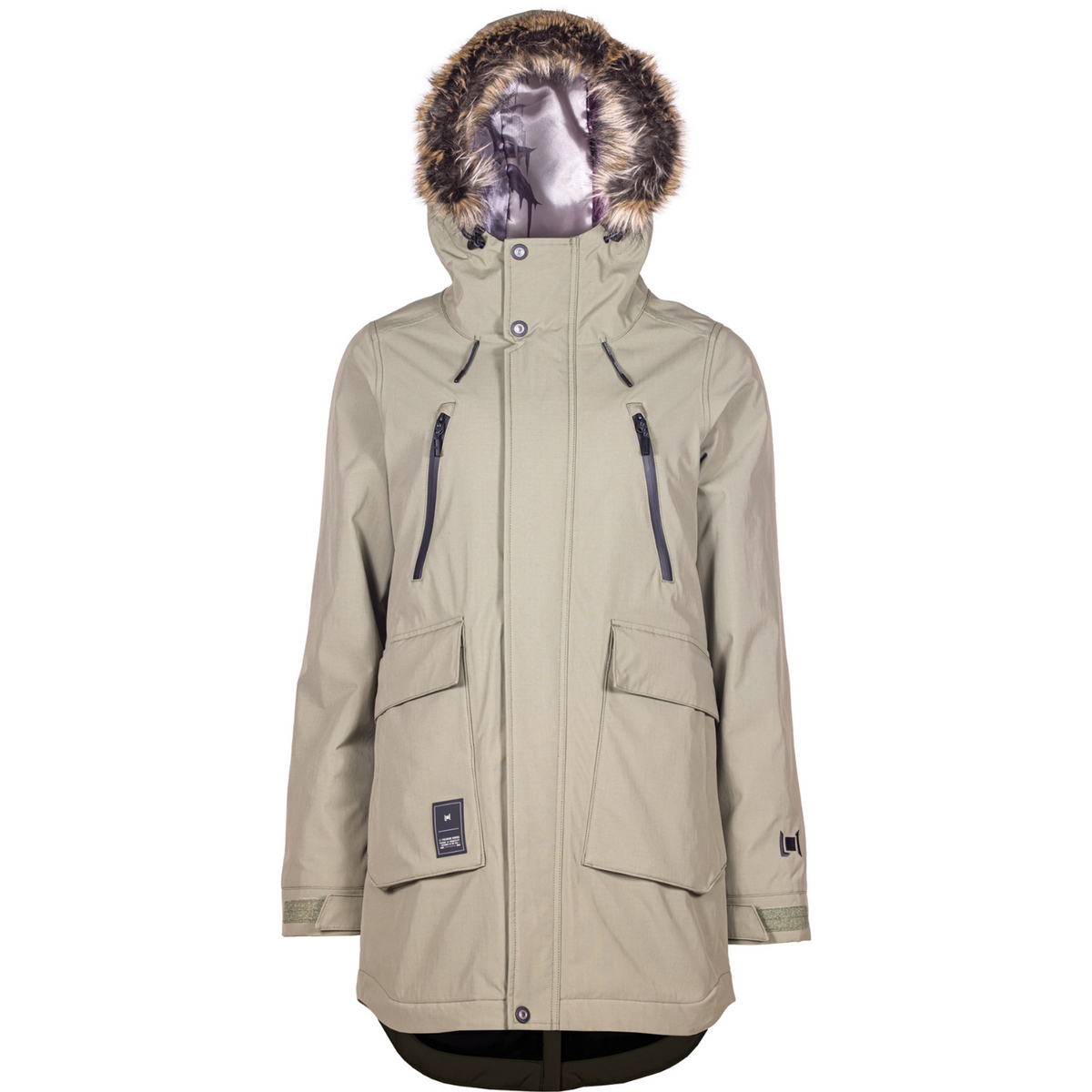Women’s tan snowboard parka with fur-trim hood, front zip, and flap pockets
