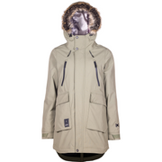Women’s tan snowboard parka with fur-trim hood, front zip, and flap pockets