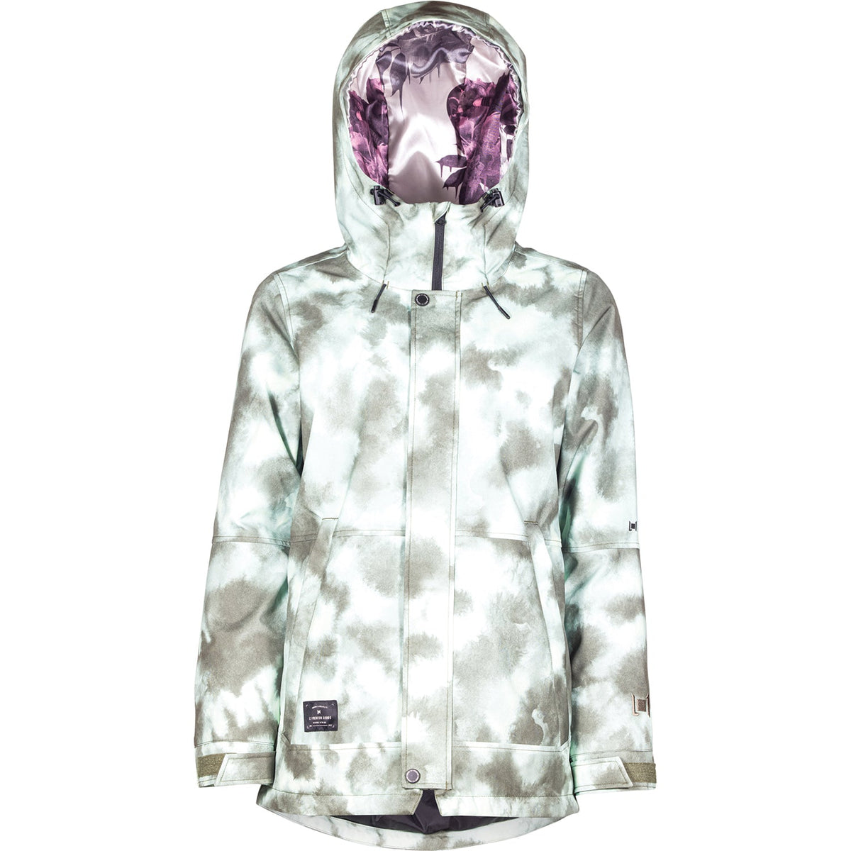 Women’s insulated snowboard jacket in tie-dye camo, purple-lined hood, front zip