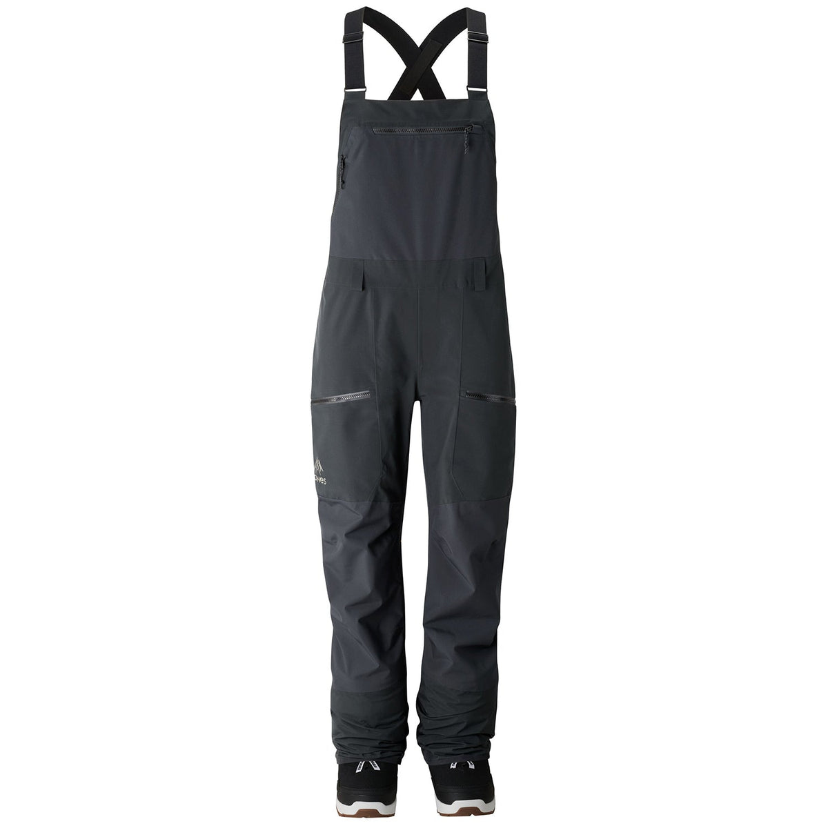 Women’s mountain surf bib overalls in dark gray with X-back adjustable straps and front seam panels