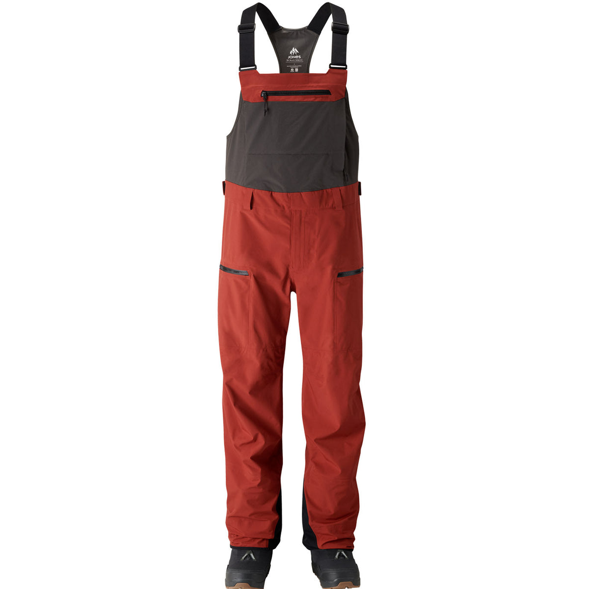 Men's snowboard bibs with black upper and red legs, adjustable suspenders