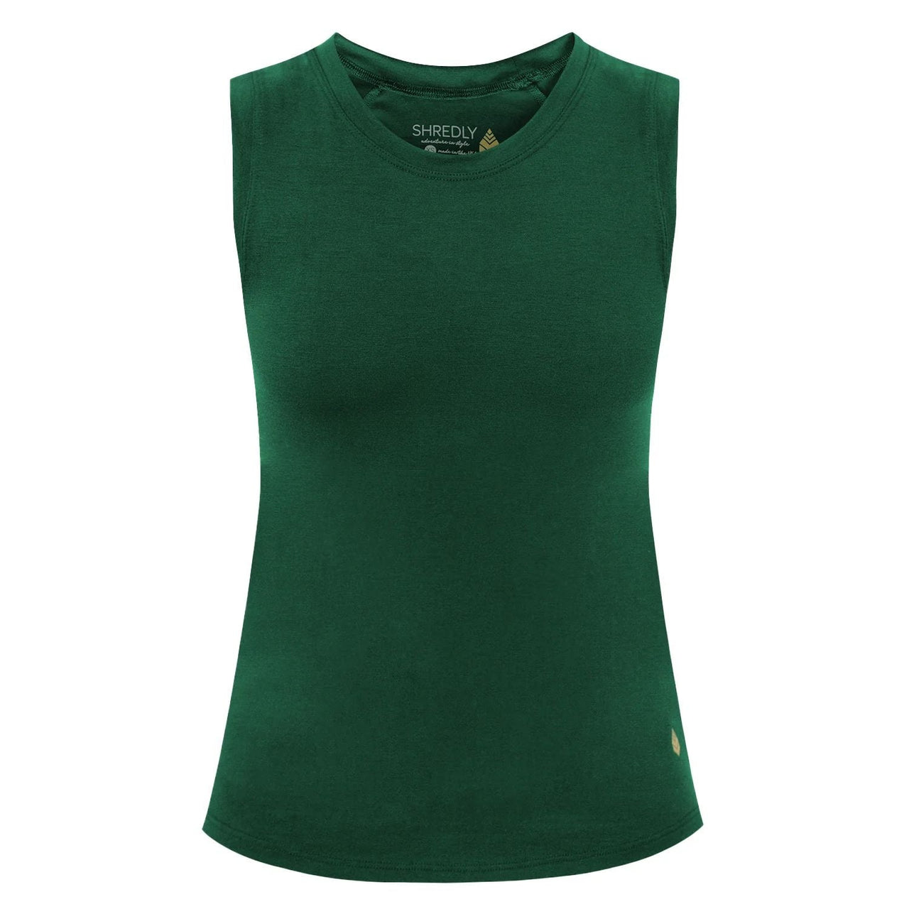 Shredly women's Cadence tank, juniper green sleeveless crewneck