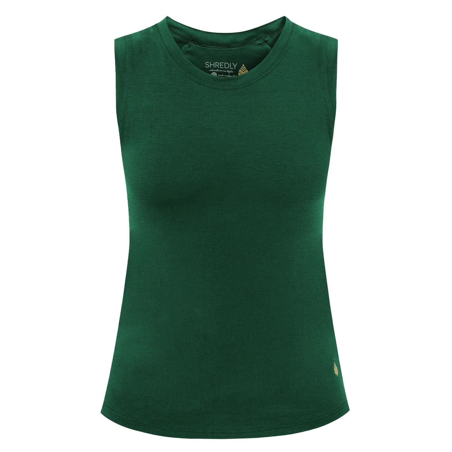 Shredly women's Cadence tank, juniper green sleeveless crewneck