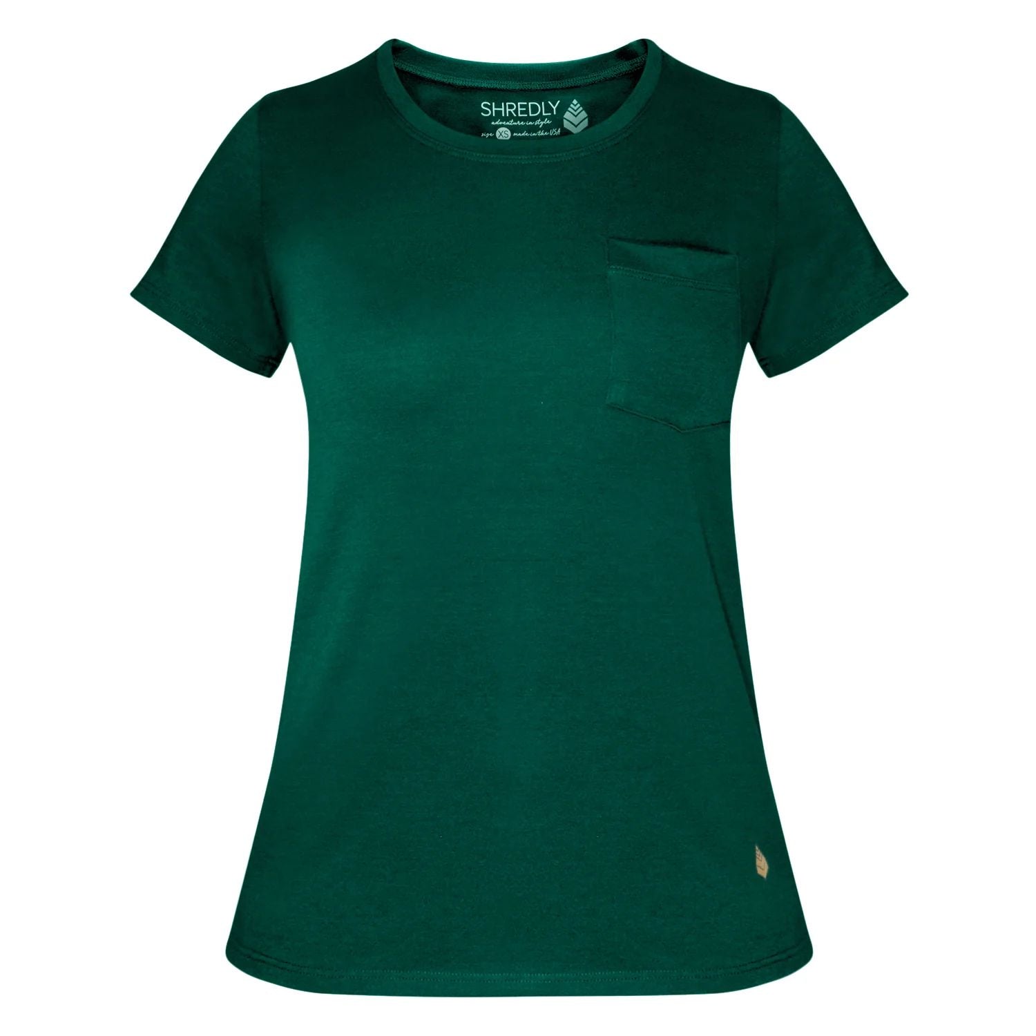 Shredly women's juniper pocket tee, crew neck, short sleeves, chest pocket