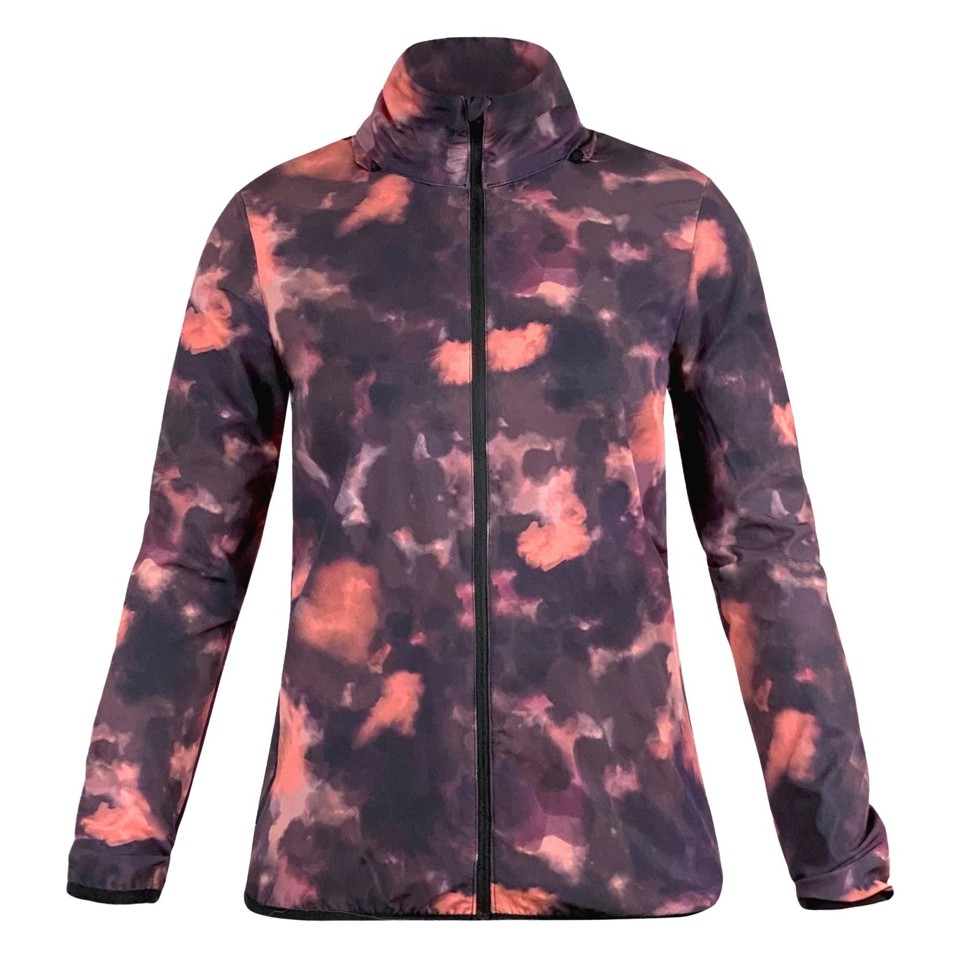 Women’s zip-up hooded jacket in dark purple with pink cloud tie-dye pattern