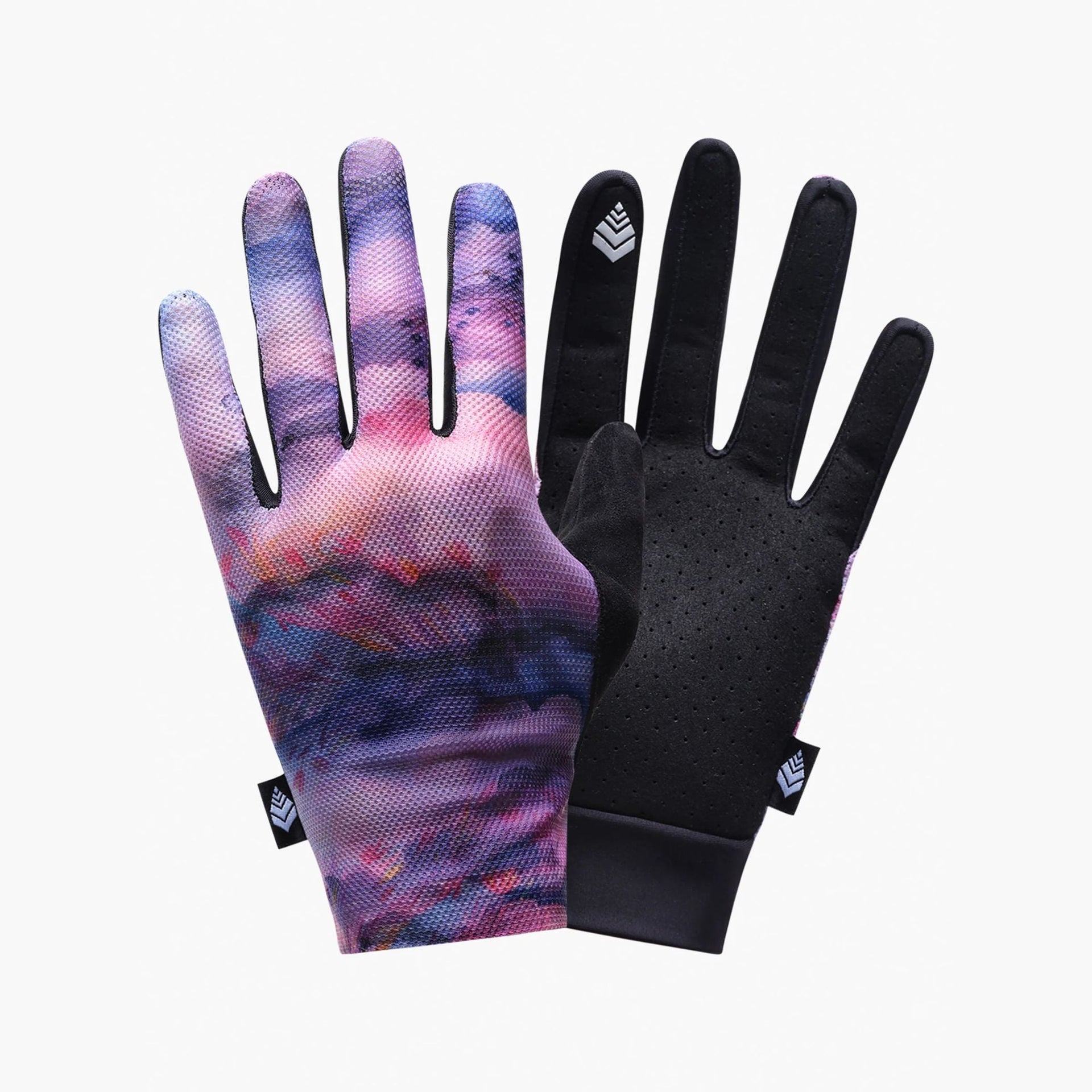 Pair of women's gloves: purple watercolor print and black solid back with small logo patch