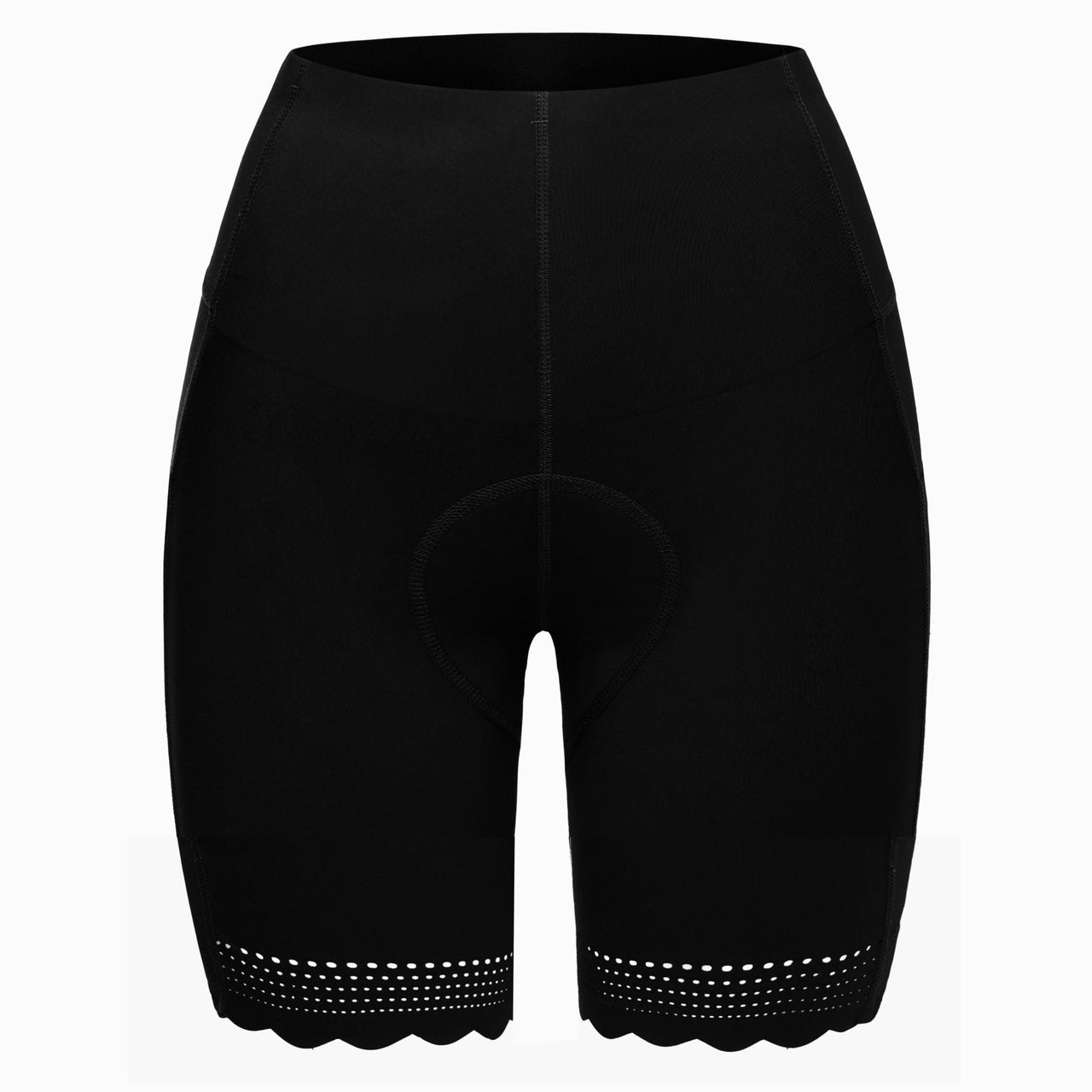 Women's biker shorts, black with perforated hem and contoured waistband