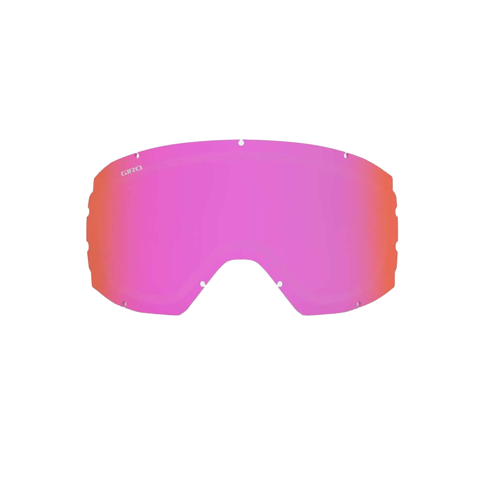Replacement goggle lens with pink-to-orange mirrored tint, curved shield shape
