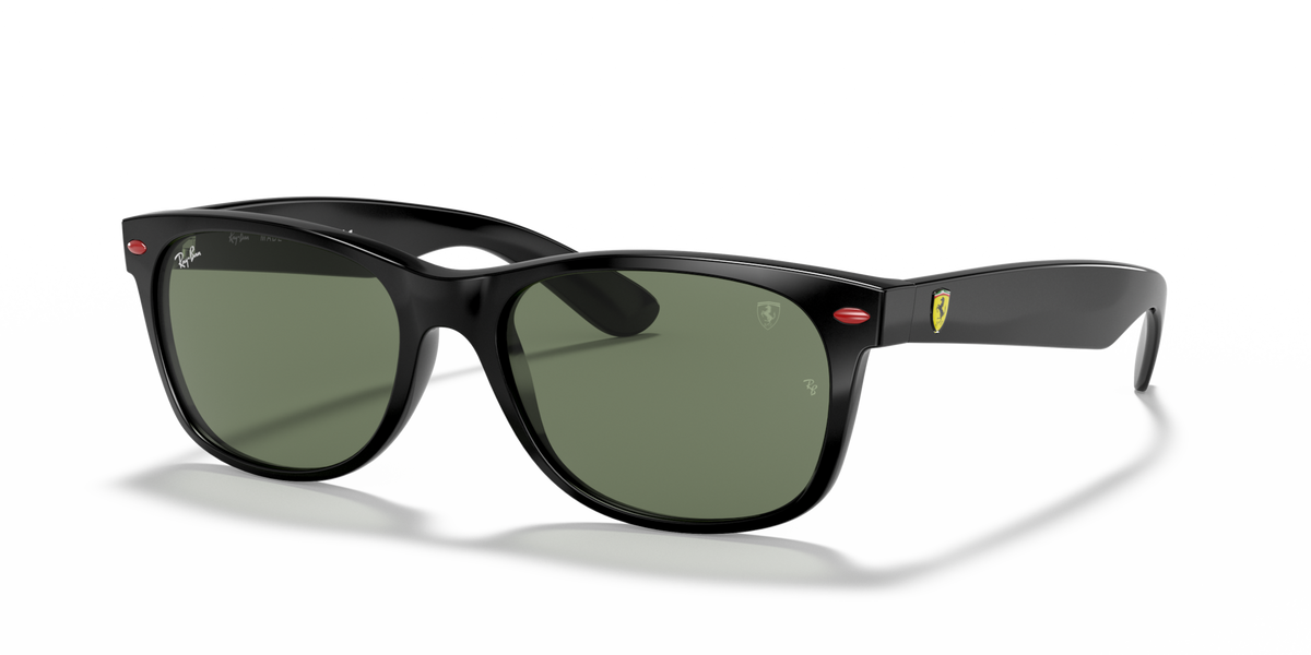 Ray-Ban wayfarer sunglasses with black frame and dark green lenses, Ferrari badge