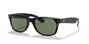 Ray-Ban wayfarer sunglasses with black frame and dark green lenses, Ferrari badge