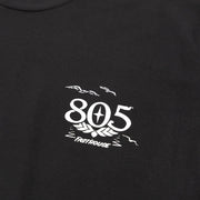 Black short-sleeve T-shirt close-up of 805 Fasthouse logo