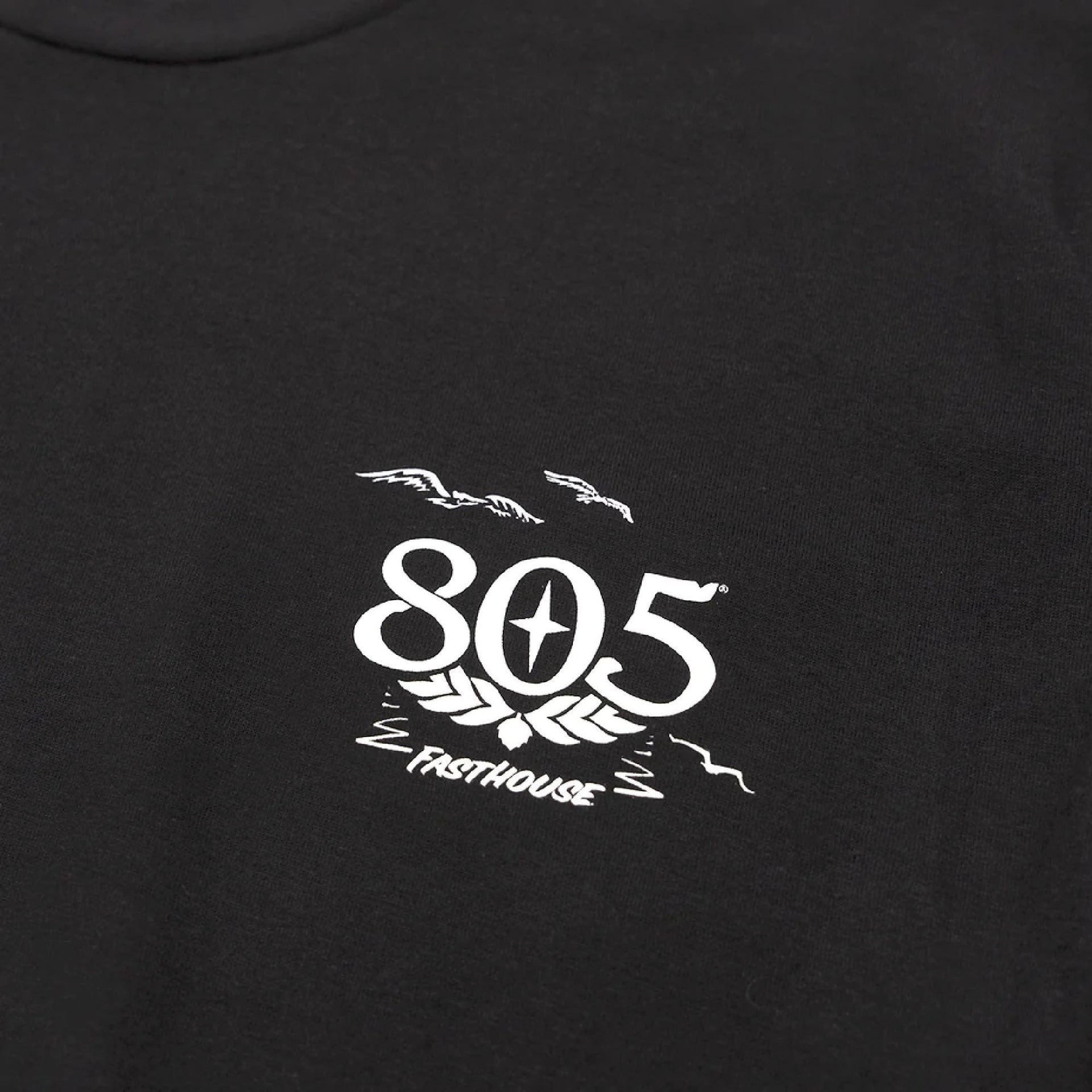 Black short-sleeve T-shirt close-up of 805 Fasthouse logo