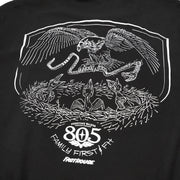 Black long-sleeve tee close-up of 805 Family First back graphic