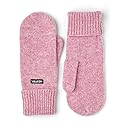 Rose pink knit mittens, side view with ribbed cuff and thumb.
