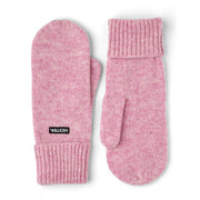 Rose pink knit mittens with ribbed cuffs and short finger coverage.