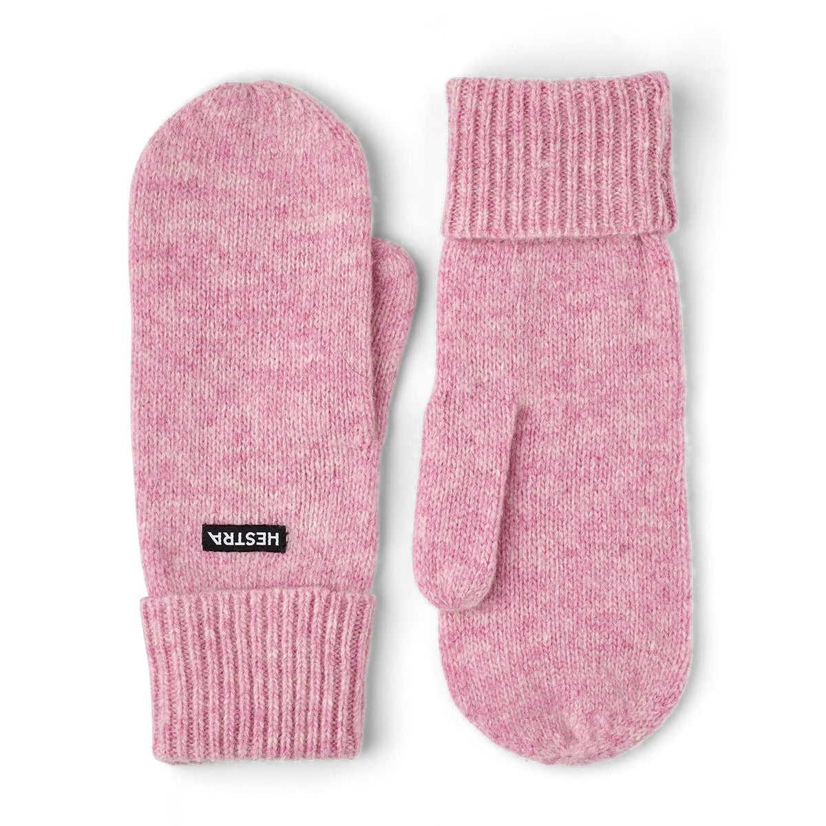 Rose pink knit mittens with ribbed cuffs and short finger coverage.