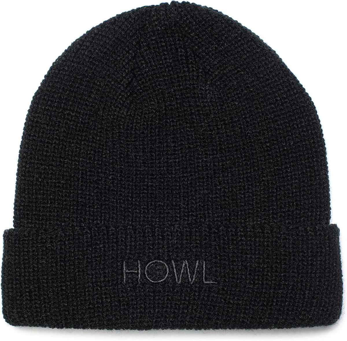 Black knit beanie with ribbed cuff and HOWL logo patch
