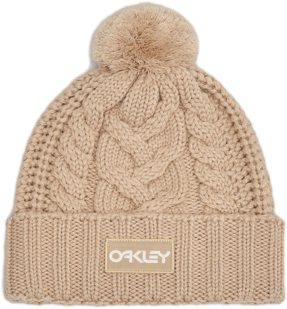 Beige knit beanie with chunky cable pattern and large pom-pom, OAKLEY patch