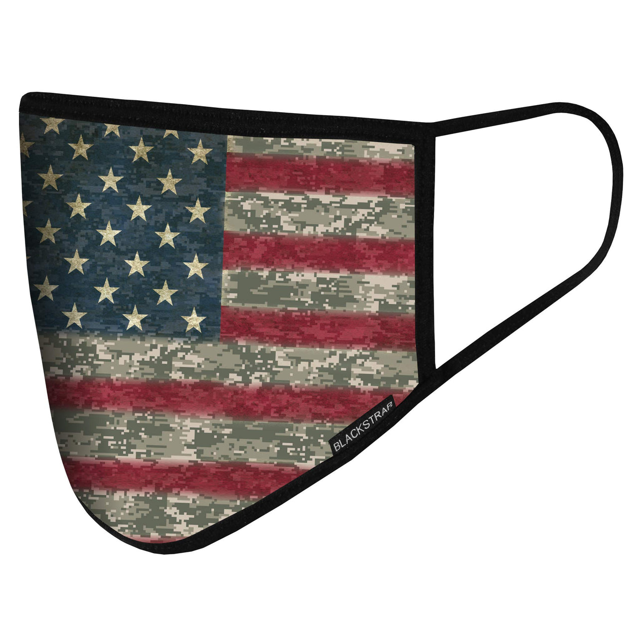 Civil facemask with American flag pixel camouflage print and black trim, side ear loop