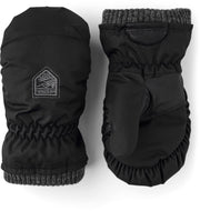 Kids black winter mittens with rib knit cuffs and stitched logo patch