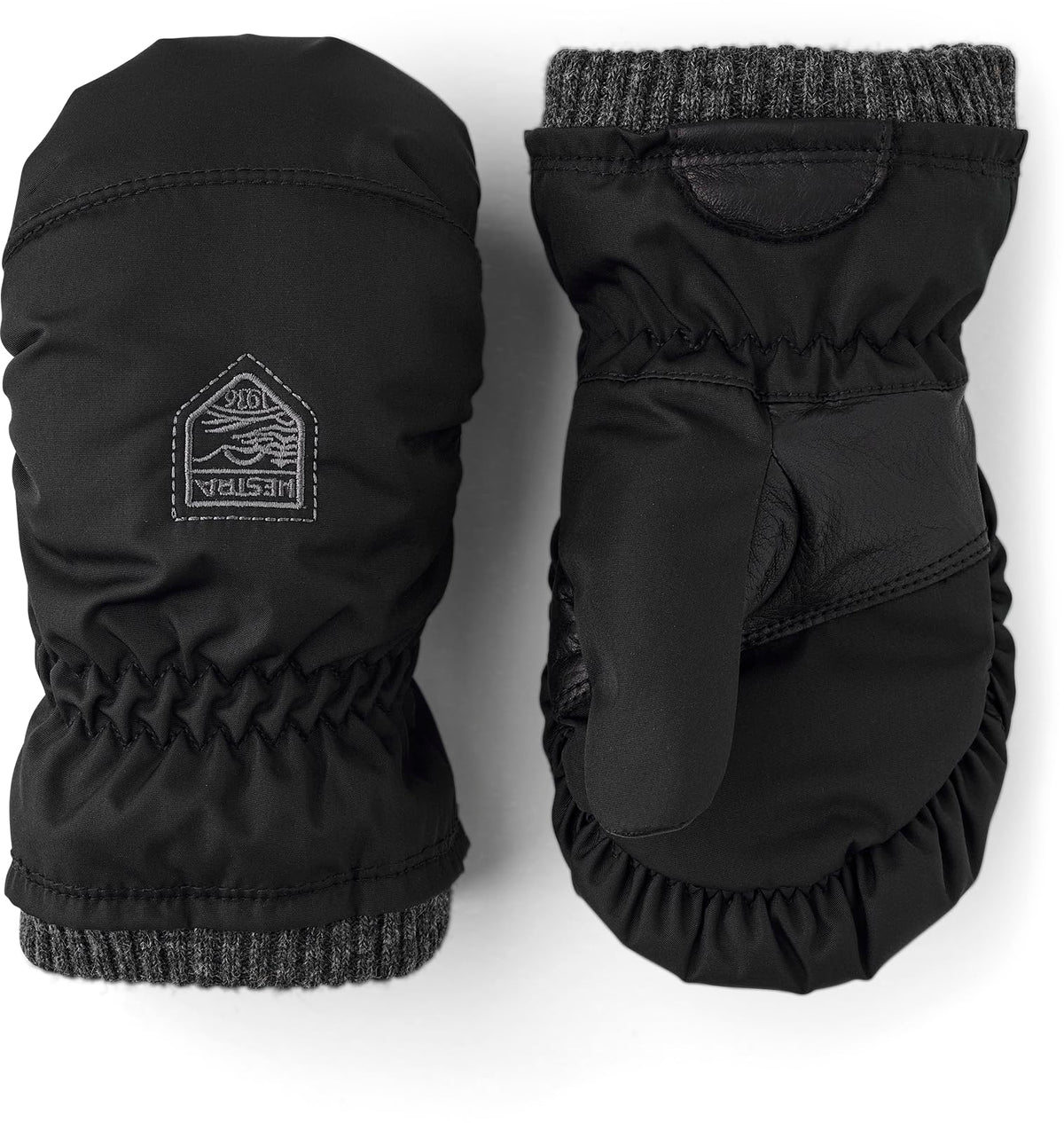 Kids black winter mittens with rib knit cuffs and stitched logo patch