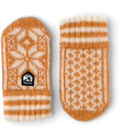 Children's wool Nordic mittens, mustard and off-white with striped cuff and knit motif