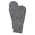 Grey knit mitten, side view with ribbed wrist cuff.