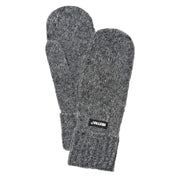 Grey knit mittens with ribbed cuffs and short finger coverage.