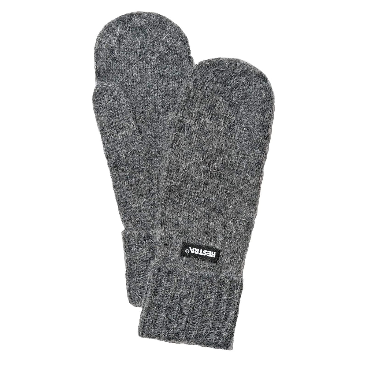 Grey knit mittens with ribbed cuffs and short finger coverage.