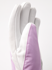Hestra Heli ski gloves in white with light purple side panels and stitched finger seams
