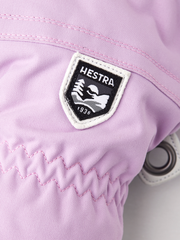 Hestra Heli ski gloves light purple with Hestra logo patch and zigzag cuff stitching