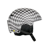 Black-and-white checkered snow helmet with chin strap and side safety vent.