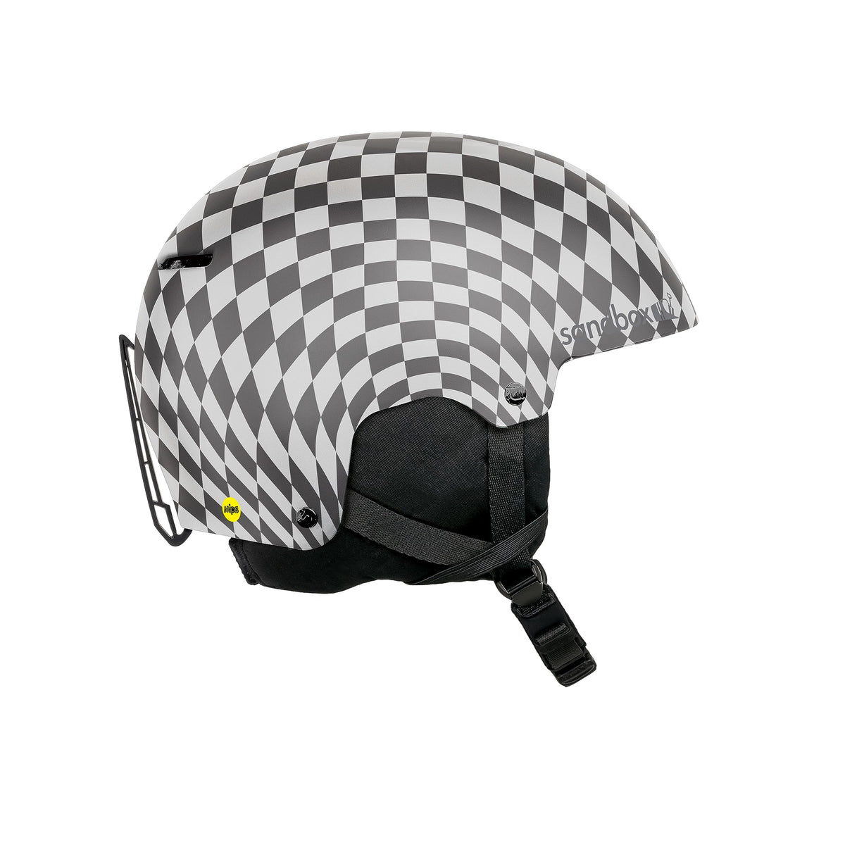 Black-and-white checkered snow helmet with chin strap and side safety vent.