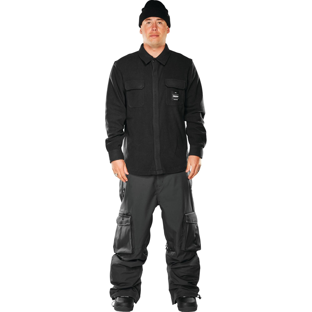 Black button-up flannel overshirt with point collar and chest flap pockets, long sleeves