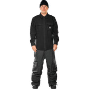 Black button-up flannel overshirt with point collar and chest flap pockets, long sleeves