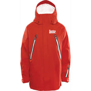 Red hooded snow powder jacket with pintail hem and black zipper vent details