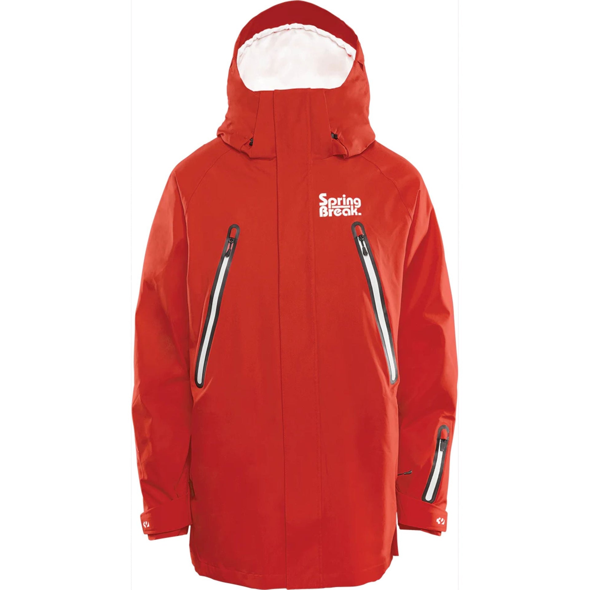 Red hooded snow powder jacket with pintail hem and black zipper vent details