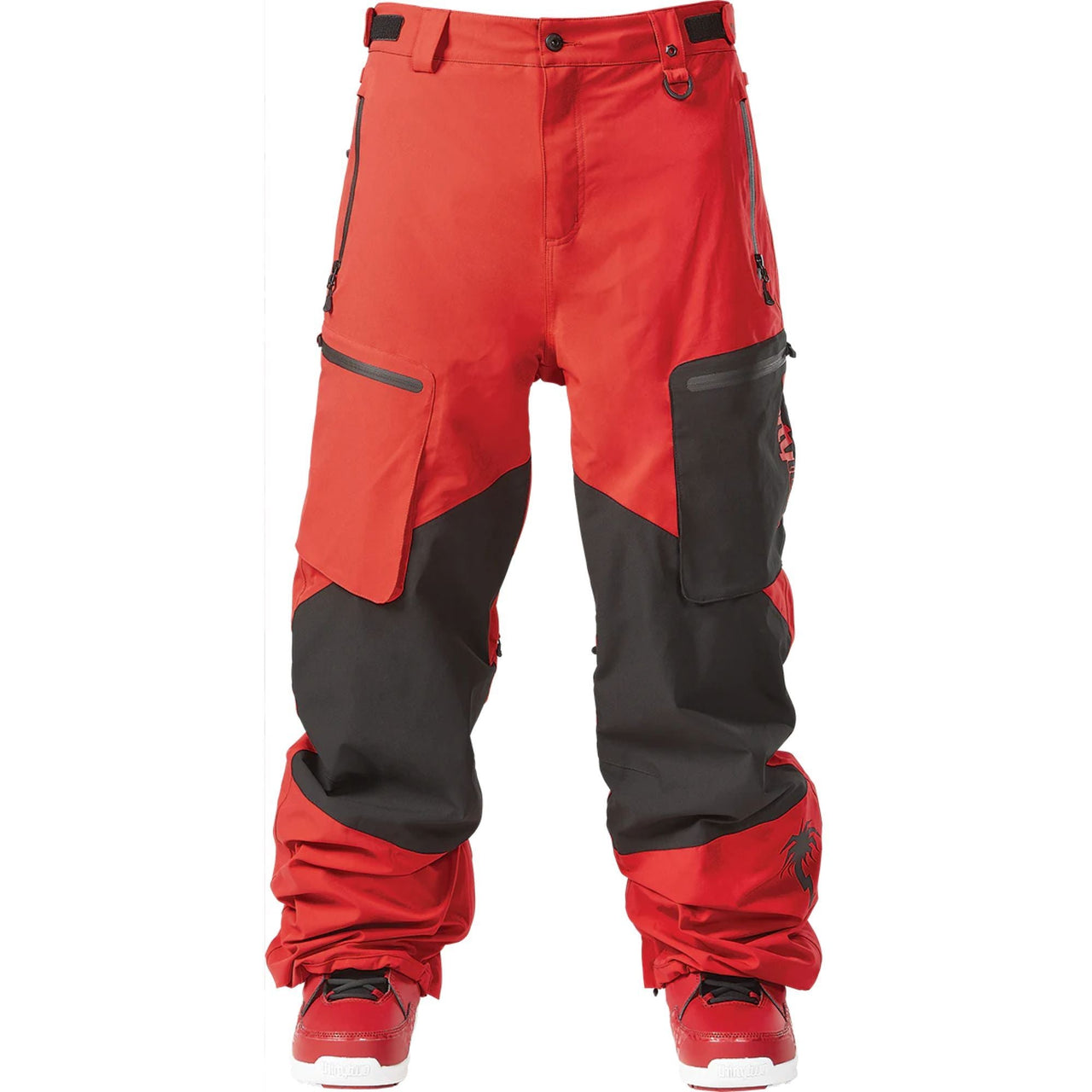 Red and black snow pants with side pockets and adjustable waist tabs