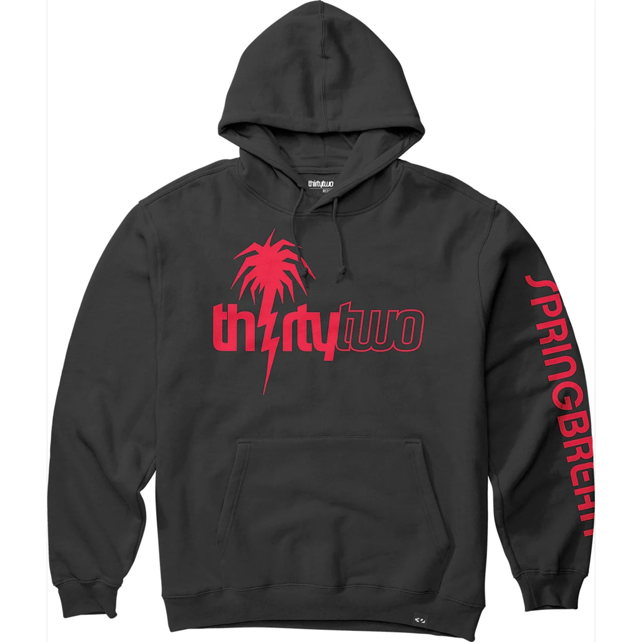 Black hooded pullover sweatshirt with front palm graphic, kangaroo pocket, drawstring
