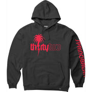 Black hooded pullover sweatshirt with front palm graphic, kangaroo pocket, drawstring