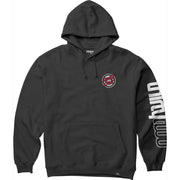 Black hooded pullover with kangaroo pocket, drawstring hood, chest logo, sleeve text