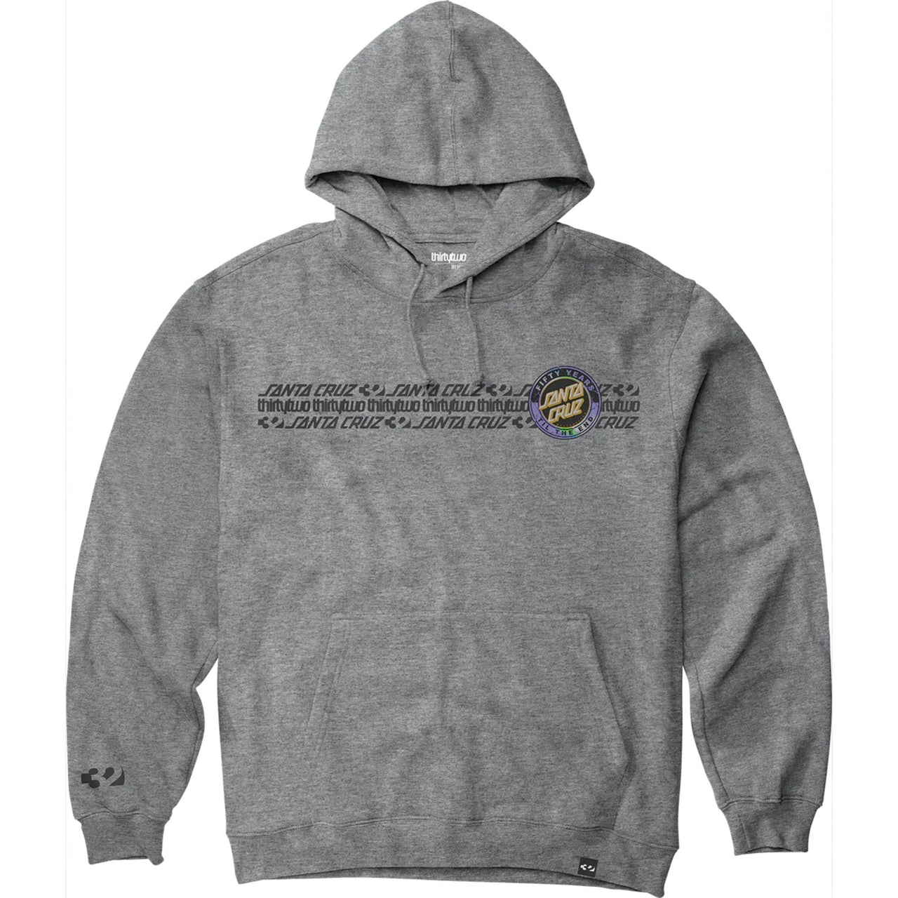 Heather grey hooded pullover with kangaroo pocket, drawstring hood, chest graphic logo