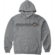 Heather grey hooded pullover with kangaroo pocket, drawstring hood, chest graphic logo