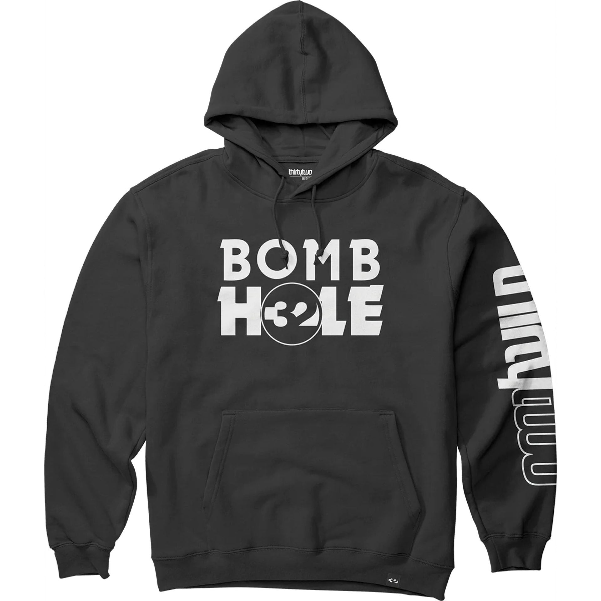 Black hooded pullover sweatshirt with BOMB H32LE graphic, kangaroo pocket, drawstring hood