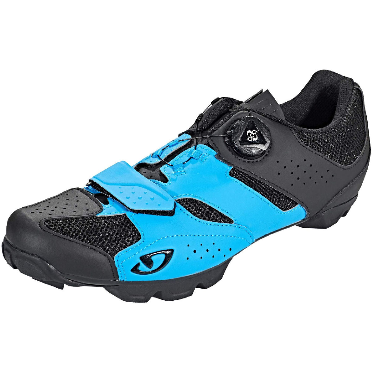Black and blue cycling shoe with hook-and-loop strap and treaded sole